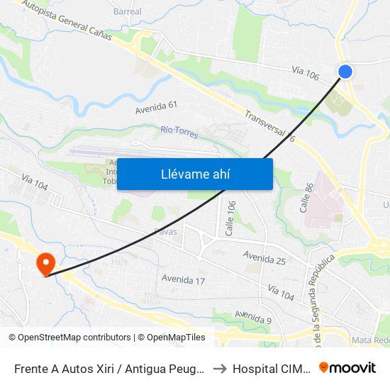 Frente A Autos Xiri / Antigua Peugeot, La Valencia Heredia to Hospital CIMA San Jose map