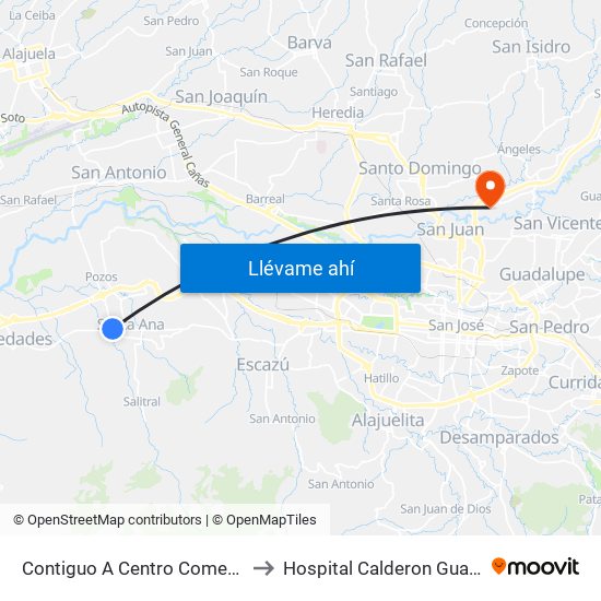 Contiguo A Centro Comercial Santa Ana Town Center to Hospital Calderon Guardia Sala De Operaciones map