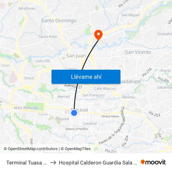 Terminal Tuasa San José to Hospital Calderon Guardia Sala De Operaciones map