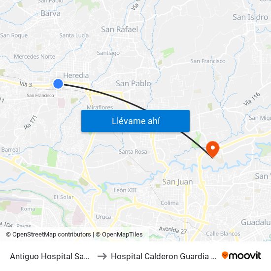 Antiguo Hospital San Vicente De Paul to Hospital Calderon Guardia Sala De Operaciones map