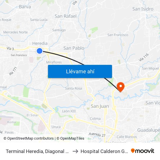 Terminal Heredia, Diagonal A Escuela Braulio Morales Cervantes to Hospital Calderon Guardia Sala De Operaciones map