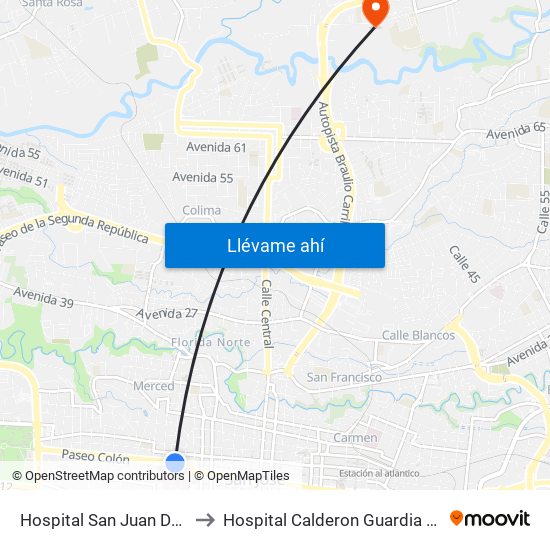 Hospital San Juan De Dios, San José to Hospital Calderon Guardia Sala De Operaciones map