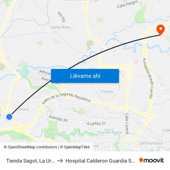 Tienda Sagot, La Uruca San José to Hospital Calderon Guardia Sala De Operaciones map