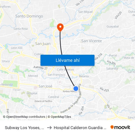 Subway Los Yoses, Montes De Oca to Hospital Calderon Guardia Sala De Operaciones map