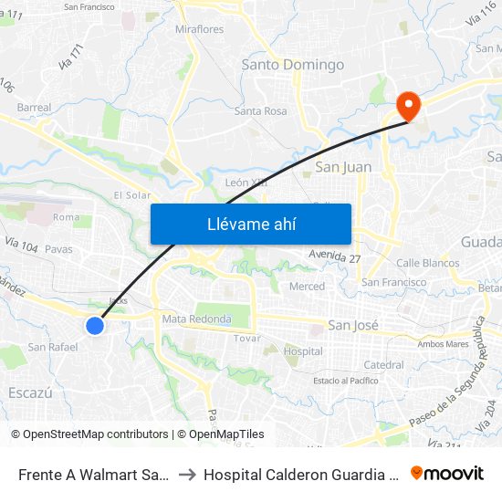 Frente A Walmart San Rafael, Escazú to Hospital Calderon Guardia Sala De Operaciones map