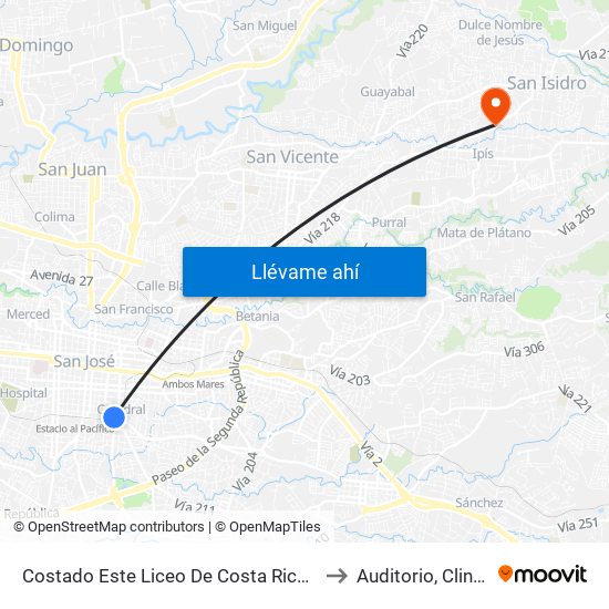 Costado Este Liceo De Costa Rica, González Víquez San José to Auditorio, Clinica Coronado map