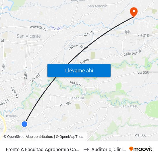 Frente A Facultad Agronomía Campus Ucr, Montes De Oca to Auditorio, Clinica Coronado map