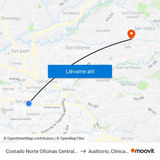 Costado Norte Oficinas Centrales Ccss, San José to Auditorio, Clinica Coronado map