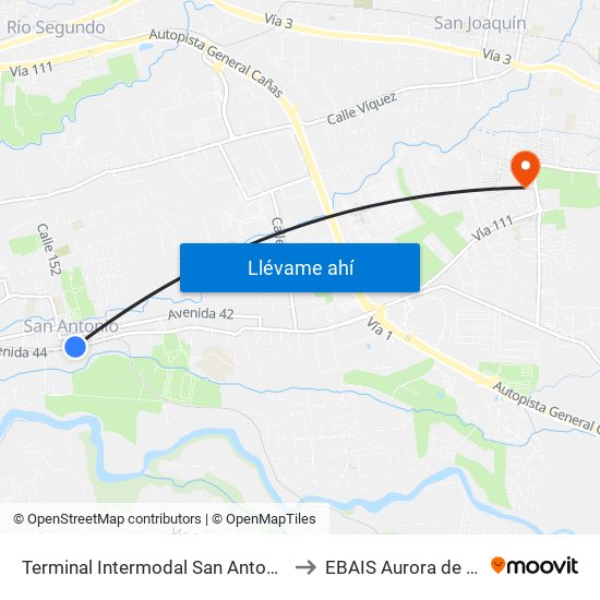 Terminal Intermodal San Antonio De Belén to EBAIS Aurora de Heredia map