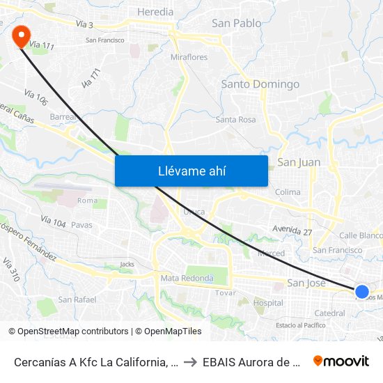 Cercanías A Kfc La California, San José to EBAIS Aurora de Heredia map
