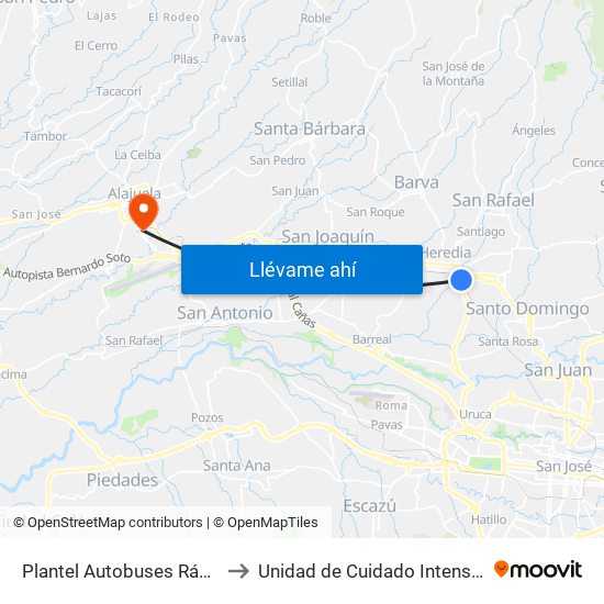 Plantel Autobuses Rápidos Heredianos, Pirro Heredia to Unidad de Cuidado Intensivo UCI, Hospital San Rafael Alajuela map