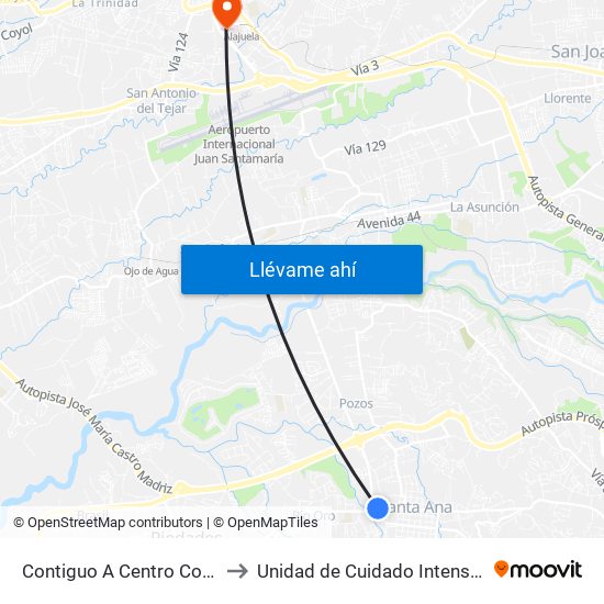 Contiguo A Centro Comercial Santa Ana Town Center to Unidad de Cuidado Intensivo UCI, Hospital San Rafael Alajuela map