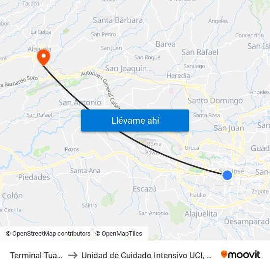 Terminal Tuasa San José to Unidad de Cuidado Intensivo UCI, Hospital San Rafael Alajuela map