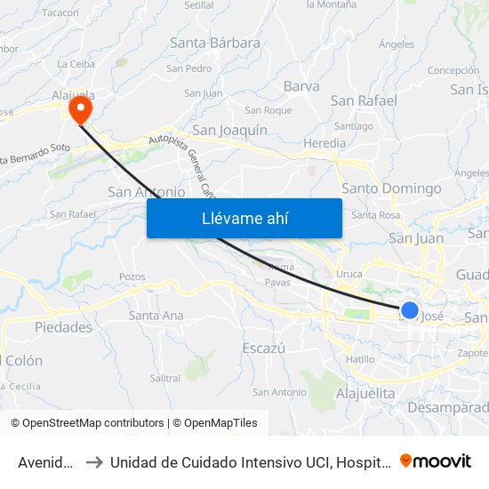 Avenida 5, 12 to Unidad de Cuidado Intensivo UCI, Hospital San Rafael Alajuela map