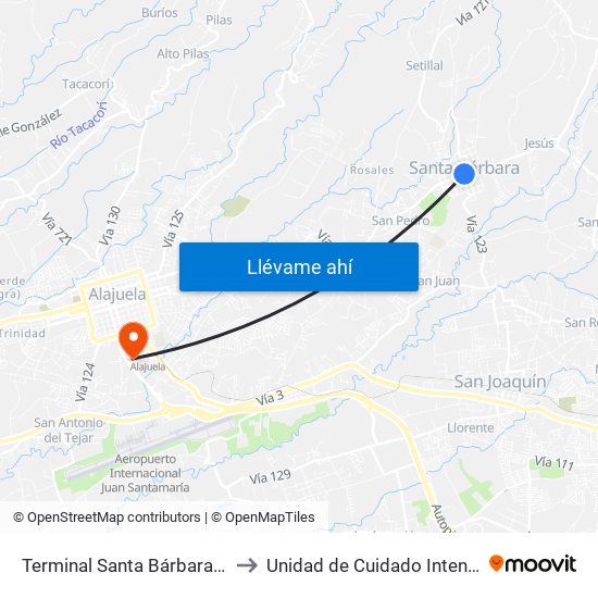 Terminal Santa Bárbara, Costado Sur Parque Santa Bárbara to Unidad de Cuidado Intensivo UCI, Hospital San Rafael Alajuela map