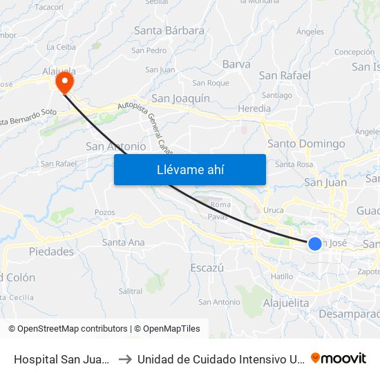 Hospital San Juan De Dios, San José to Unidad de Cuidado Intensivo UCI, Hospital San Rafael Alajuela map