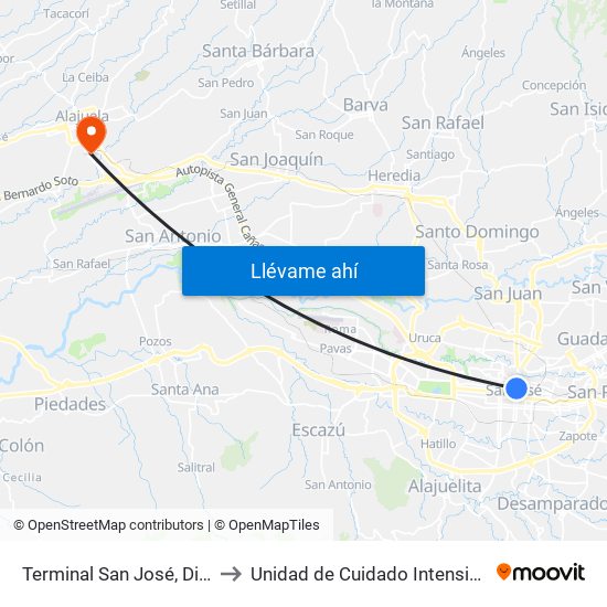 Terminal San José, Diagonal Plazoleta Tiradentes to Unidad de Cuidado Intensivo UCI, Hospital San Rafael Alajuela map