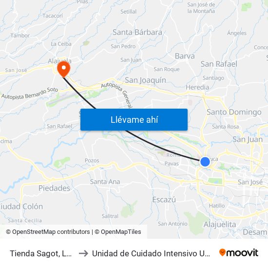 Tienda Sagot, La Uruca San José to Unidad de Cuidado Intensivo UCI, Hospital San Rafael Alajuela map