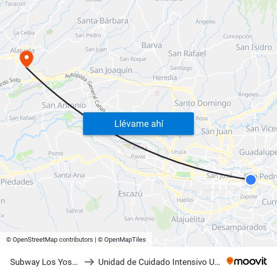 Subway Los Yoses, Montes De Oca to Unidad de Cuidado Intensivo UCI, Hospital San Rafael Alajuela map