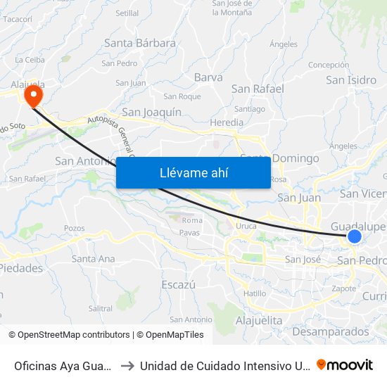 Oficinas Aya Guadalupe, Goicoechea to Unidad de Cuidado Intensivo UCI, Hospital San Rafael Alajuela map
