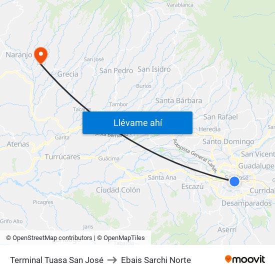 Terminal Tuasa San José to Ebais Sarchi Norte map