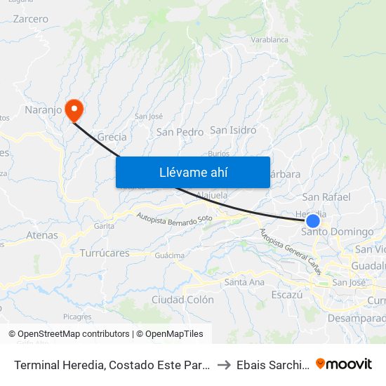 Terminal Heredia, Costado Este Parque El Carmén to Ebais Sarchi Norte map