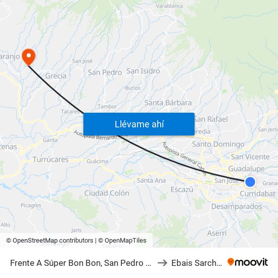 Frente A Súper Bon Bon, San Pedro Montes De Oca to Ebais Sarchi Norte map