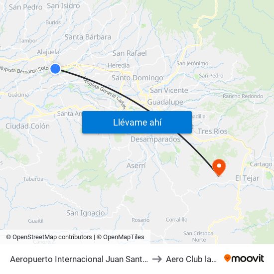 Aeropuerto Internacional Juan Santamaría, Alajuela to Aero Club las Minas map