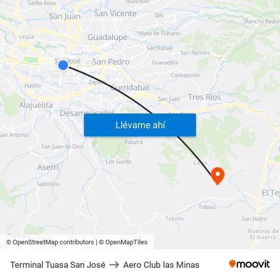 Terminal Tuasa San José to Aero Club las Minas map