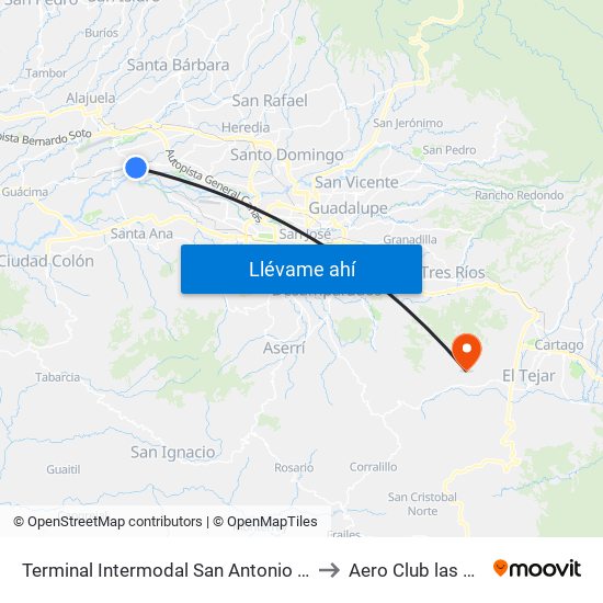 Terminal Intermodal San Antonio De Belén to Aero Club las Minas map