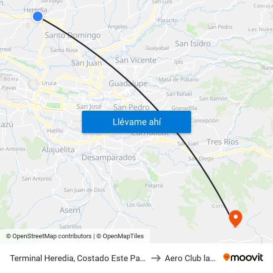 Terminal Heredia, Costado Este Parque El Carmén to Aero Club las Minas map