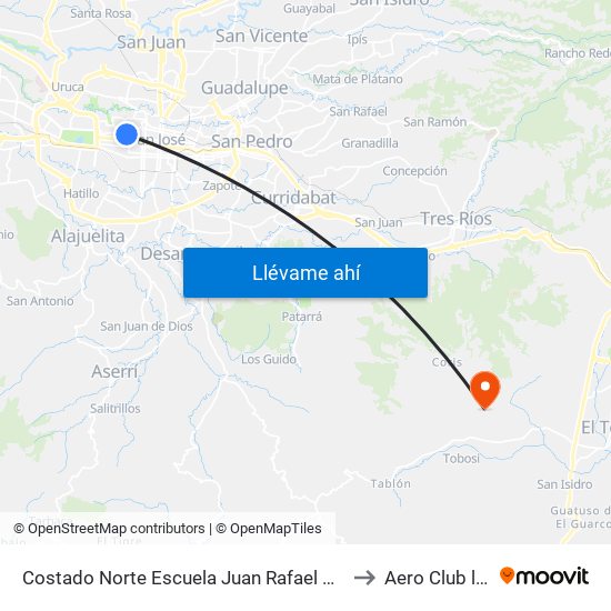 Costado Norte Escuela Juan Rafael Mora, Pitahaya San José to Aero Club las Minas map