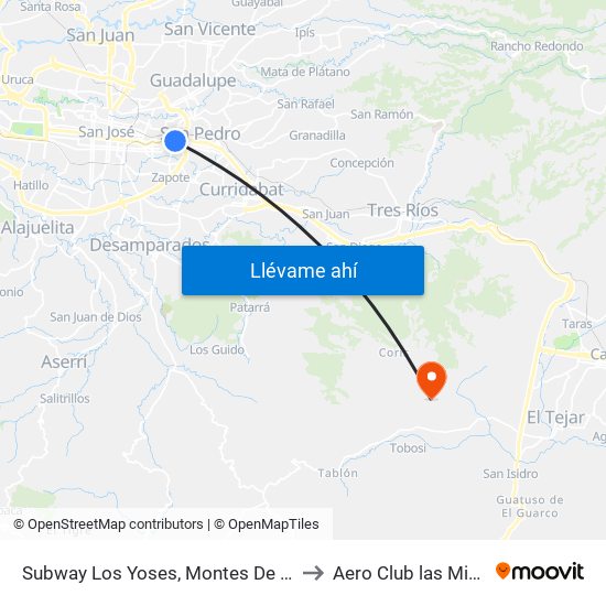 Subway Los Yoses, Montes De Oca to Aero Club las Minas map