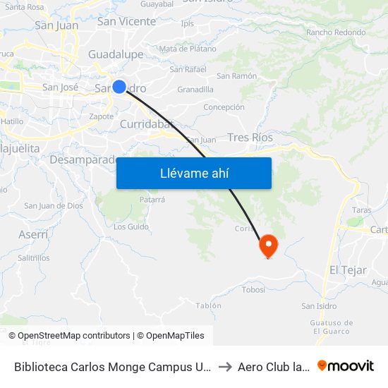 Biblioteca Carlos Monge Campus Ucr, Montes De Oca to Aero Club las Minas map