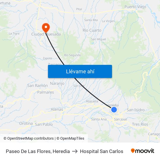 Paseo De Las Flores, Heredia to Hospital San Carlos map