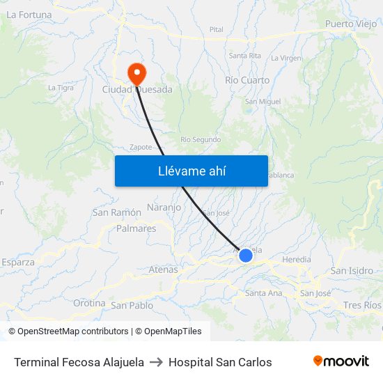 Terminal Fecosa Alajuela to Hospital San Carlos map