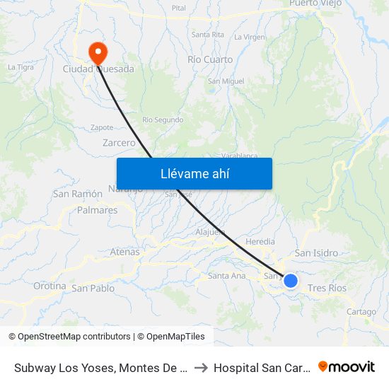 Subway Los Yoses, Montes De Oca to Hospital San Carlos map