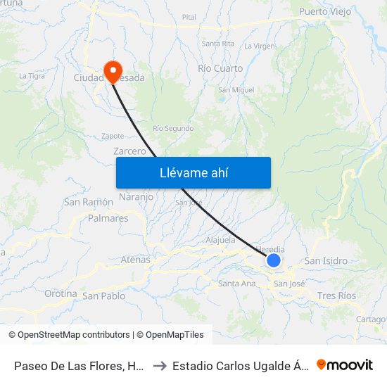 Paseo De Las Flores, Heredia to Estadio Carlos Ugalde Álvarez map