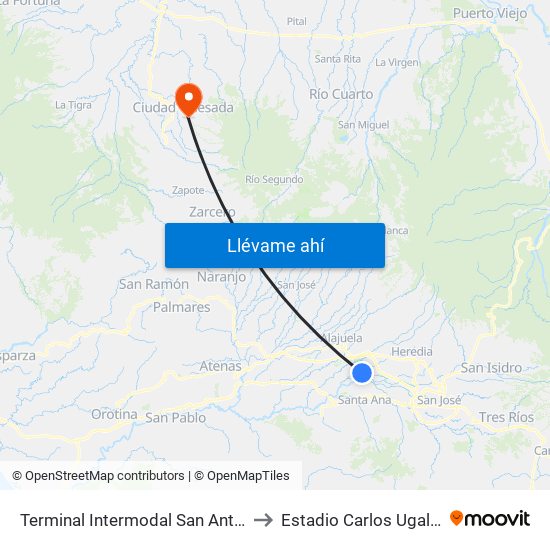 Terminal Intermodal San Antonio De Belén to Estadio Carlos Ugalde Álvarez map