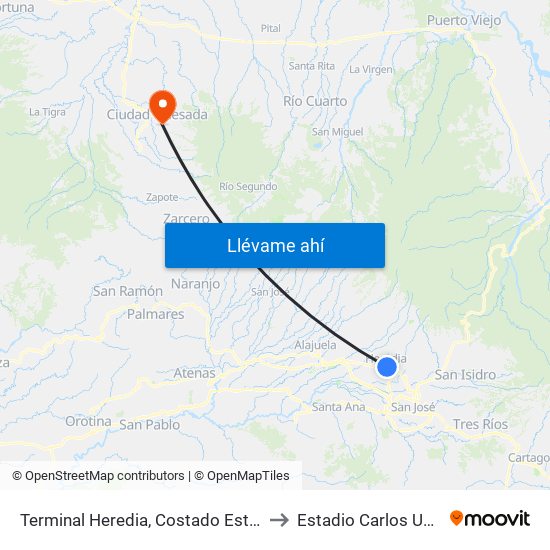 Terminal Heredia, Costado Este Parque El Carmén to Estadio Carlos Ugalde Álvarez map