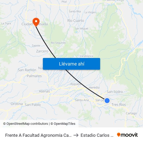 Frente A Facultad Agronomía Campus Ucr, Montes De Oca to Estadio Carlos Ugalde Álvarez map