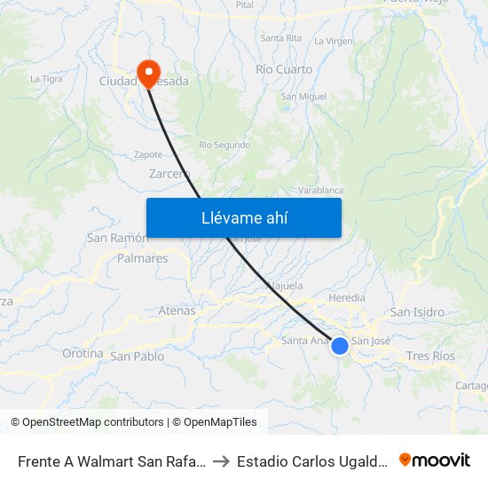 Frente A Walmart San Rafael, Escazú to Estadio Carlos Ugalde Álvarez map