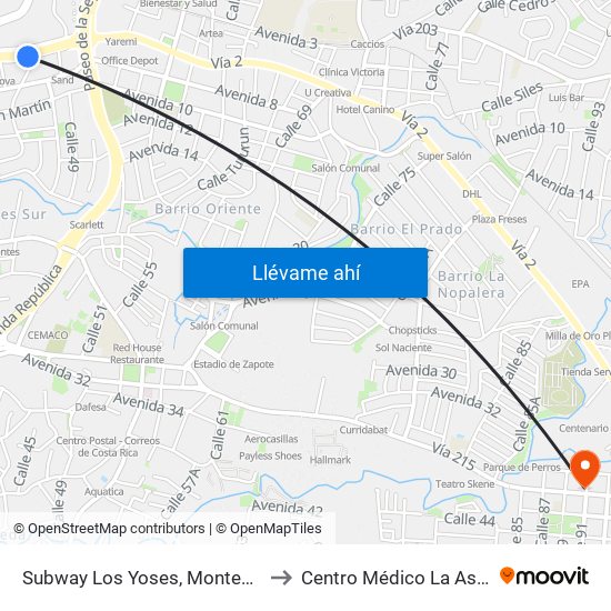 Subway Los Yoses, Montes De Oca to Centro Médico La Asunción map