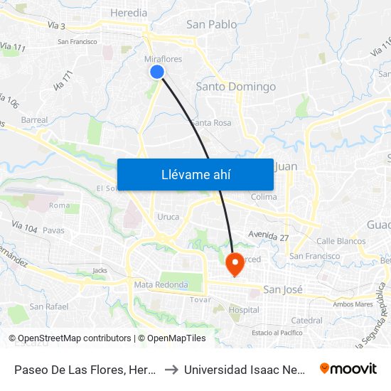 Paseo De Las Flores, Heredia to Universidad Isaac Newton map