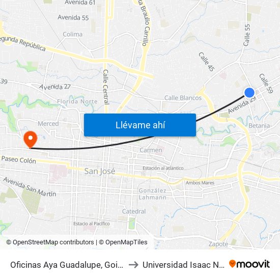 Oficinas Aya Guadalupe, Goicoechea to Universidad Isaac Newton map
