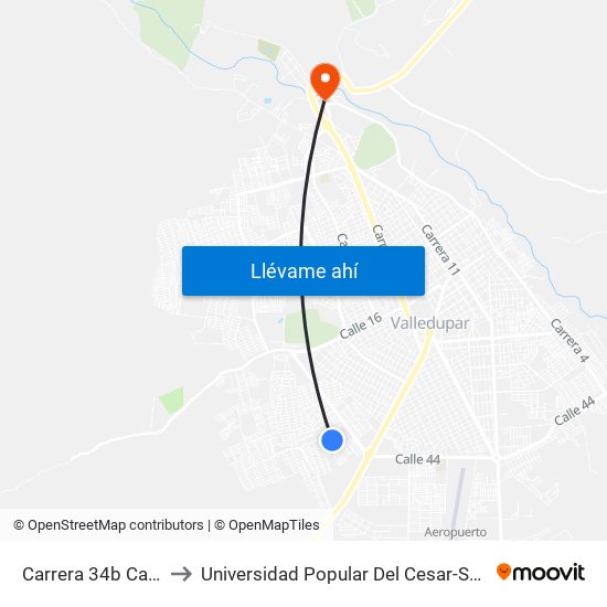 Carrera 34b Calle 19a to Universidad Popular Del Cesar-Sede Hurtado map