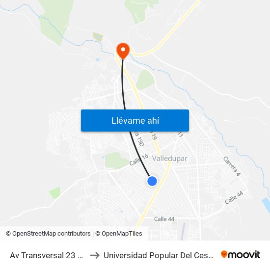 Av Transversal 23 Diagonal 19 to Universidad Popular Del Cesar-Sede Hurtado map