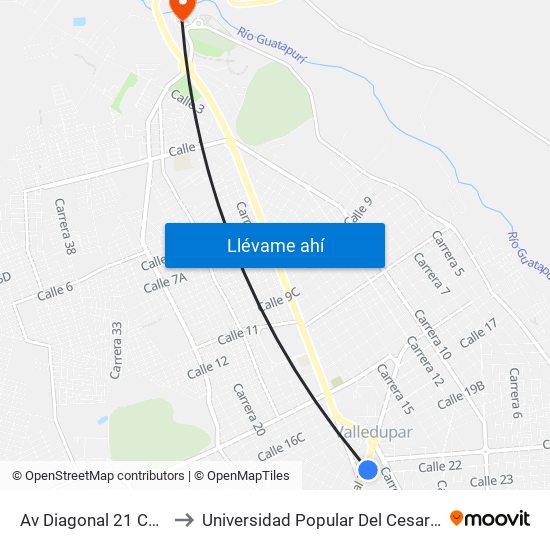 Av Diagonal 21 Carrera 18e to Universidad Popular Del Cesar-Sede Hurtado map