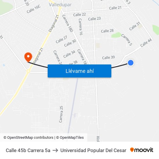 Calle 45b Carrera 5a to Universidad Popular Del Cesar map
