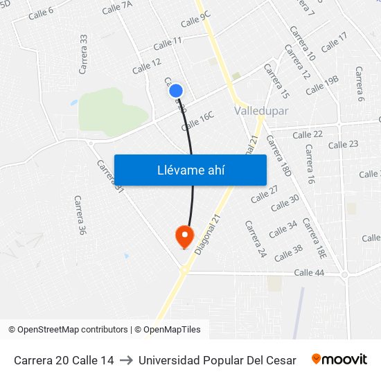 Carrera 20 Calle 14 to Universidad Popular Del Cesar map